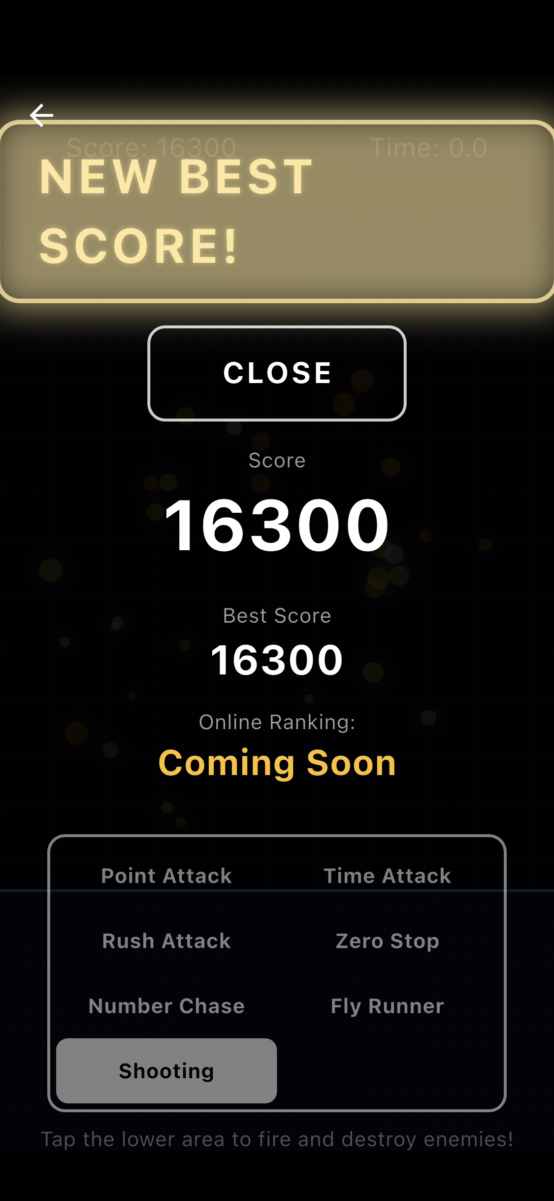 Game screen with a new high score